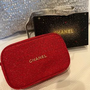 Authentic chanel makeup bag pouch from 2021 red holiday with ribbon